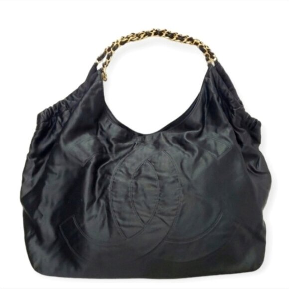 Authentic Chanel Large CC Satin Hobo Bag Black and Gold Chain - Picture 3 of 14